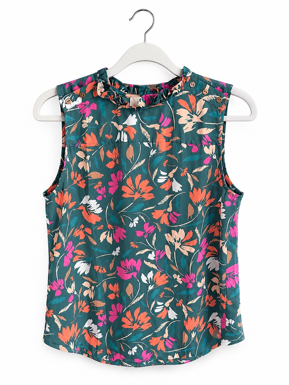 LOFT Teal Floral Ruffle Neck Sleeveless Camisole